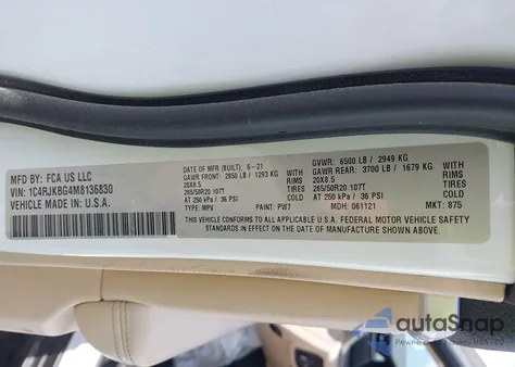 2021 Jeep Grand Cherokee L Limited 4X4 z USA, uszkodzony, nr VIN 1C4RJKBG4M8136830